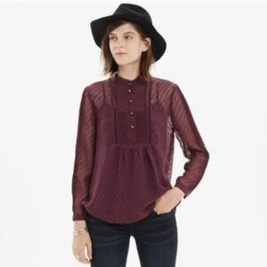 Madewell burgundy long sleeve sheer polka dot button up blouse top xs